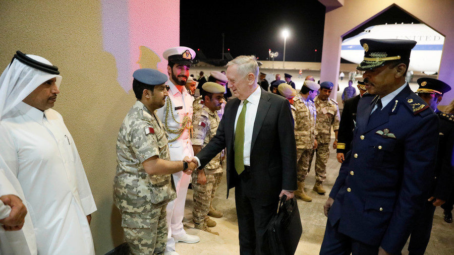 Click to enlarge U.S. Defense Secretary James Mattis (C) is greeted by military dignitaries as he arrives at Al Udeid Air Base in Doha