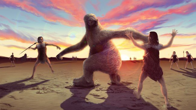 Click to enlarge prehistoric humans in present-day New Mexico hunting a giant ground sloth.