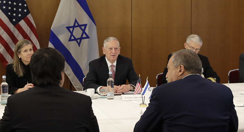 Click to enlarge US Defense Secretary Jim Mattis and Israeli Defense Minister Avigdor Lieberman