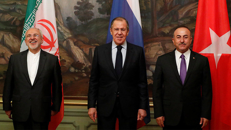 Click to enlarge Russia’s Lavrov, Turkey’s Mevlut Cavusoglu and Iran’s Mohammad Javad Zarif