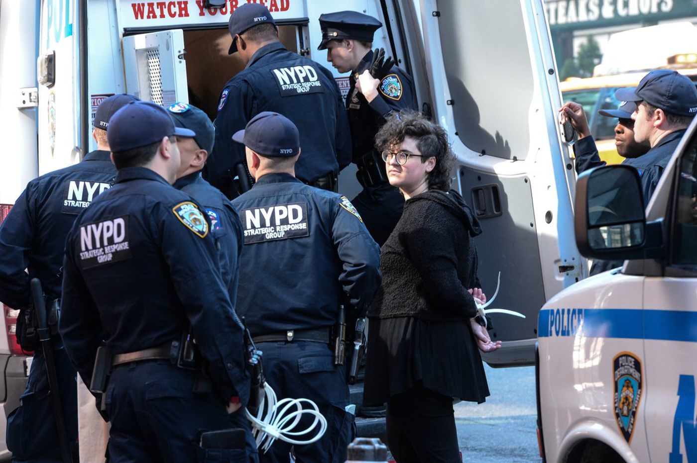 Click to enlarge Jewish Voices for Peace held a traditional Jewish mourning ceremony for those who have died in Gaza outside Schumer’s office and blocked the entrance to the building.