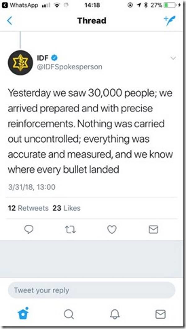 IDF statement gaza killings march of return