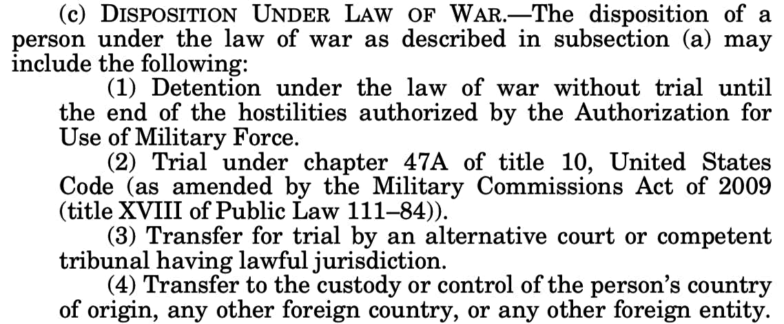 2001 NDAA definition disposition under the law of war