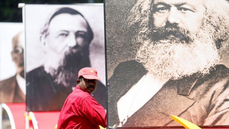 Image of Karl Marx during a May Day rally organized by Front Line Socialist Party in Colombo, Sri Lanka, May 1 2018.