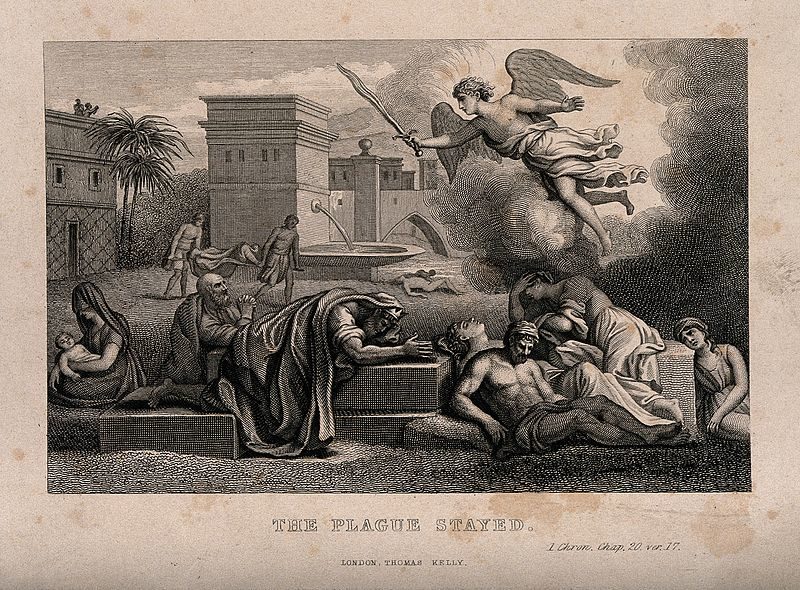 Depiction of an angel enshrouded in light spreading the plague by means of a black mist or vapor.
