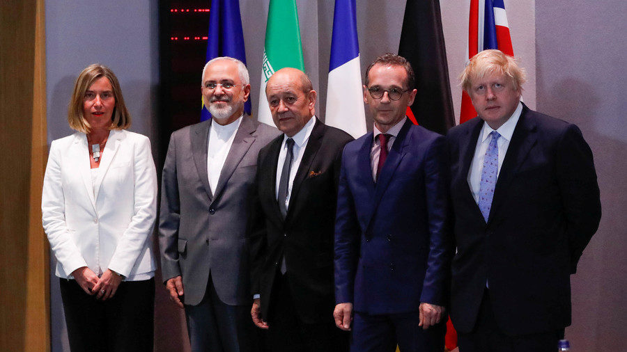 EU High Representative for Foreign Affairs Federica Mogherini and Britain, France and Germany foreign ministers take part in meeting with Iran's Foreign Minister Mohammad Javad Zarif in Brussels