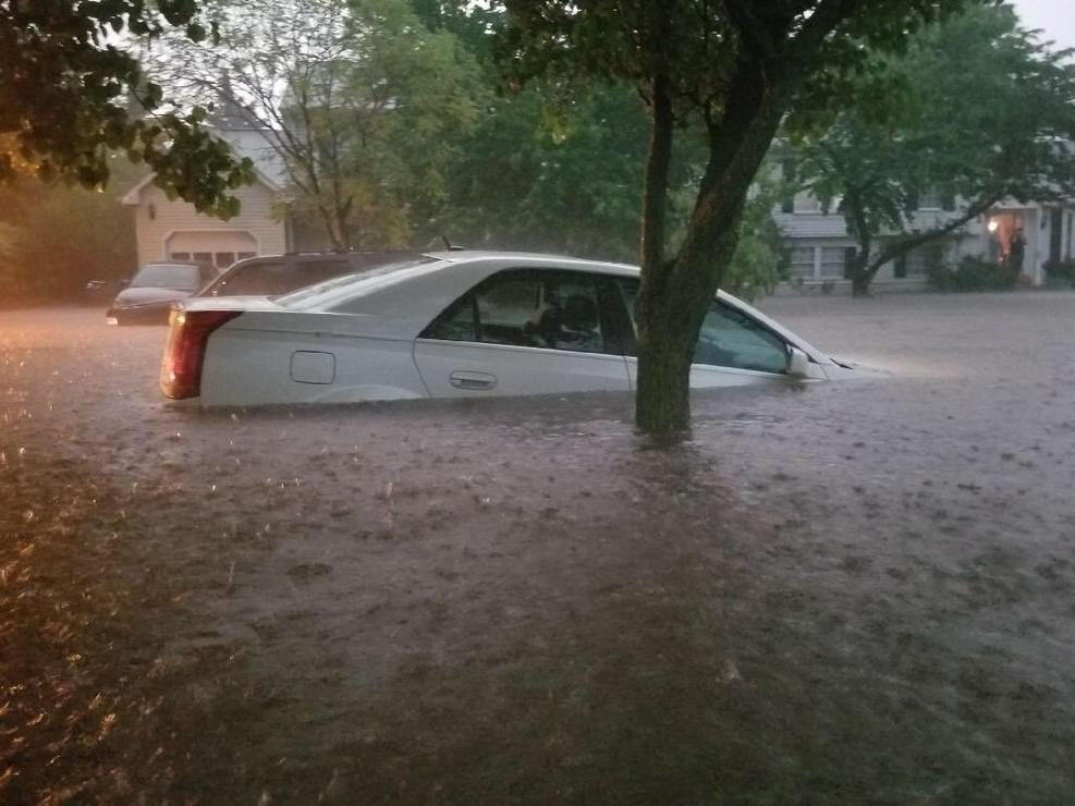 This photos posted to Twitter on May 15 shows cars submerged in a Frederick County neighborhood as heavy downpours trigger flooding in the area.