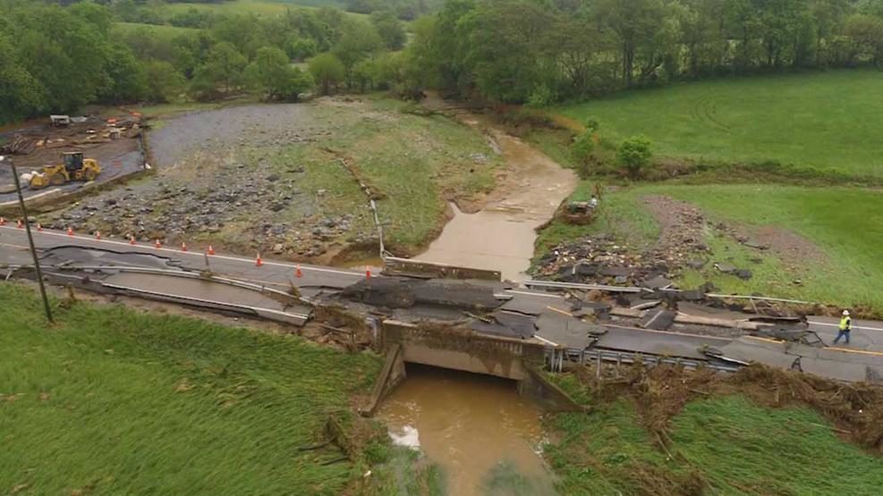 A bridge is in ruins in Frederick County, Maryland after a storm ripped through the DC-area Tuesday, prompting the county to declare a state of emergency.