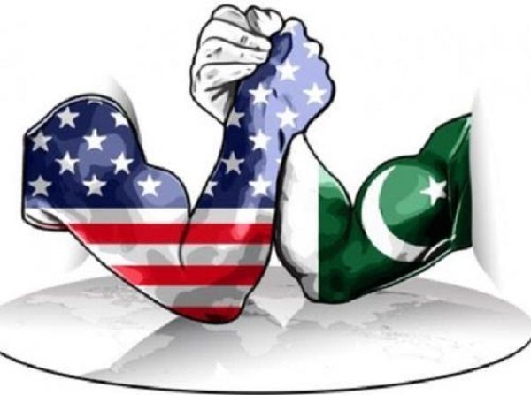 American and Pakistan flagged arm wrestling cartoon