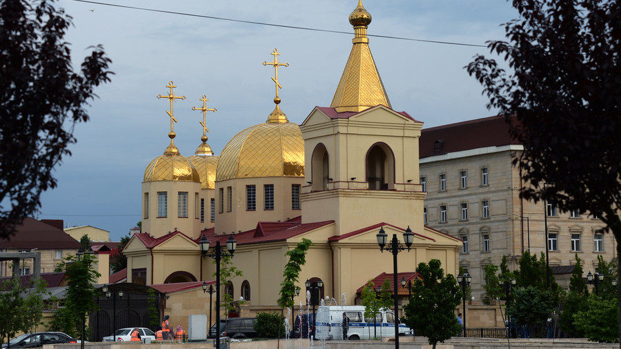 Emergency services seen at the Church of Michael the Archangel in Grozny, Chechnya on May 19, 2017.