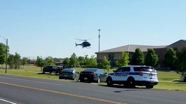 A helicopter lands at school