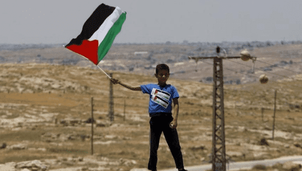 A Palestinian Bedouin boy holds a Palestinian flag