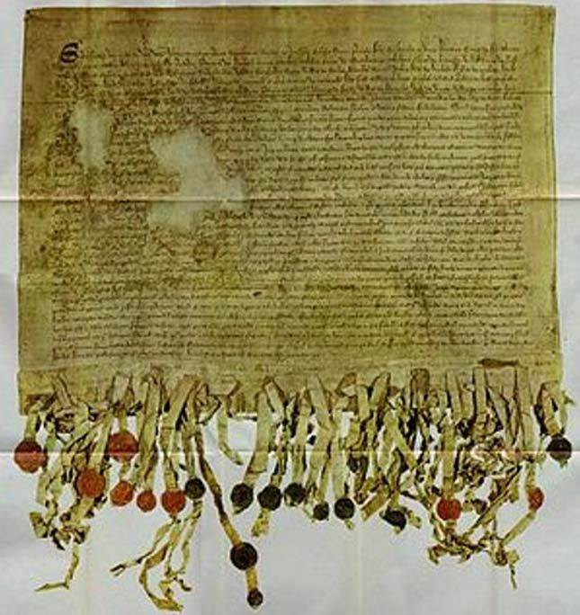 Click to enlarge The Tyninghame Copy of the Declaration of Arbroath (1320).