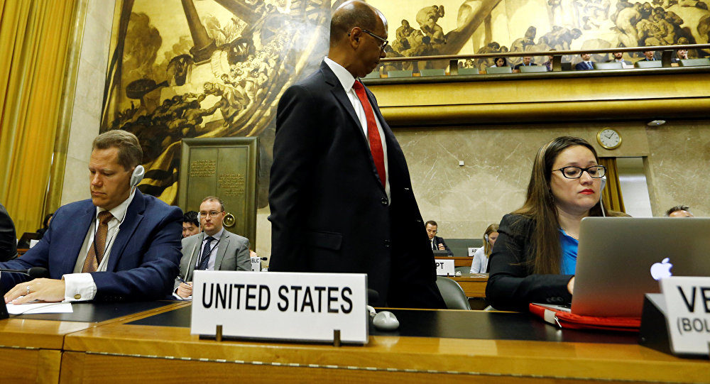 Click to enlarge US Delegation Walks Out as Syrian Envoy Starts Speaking at UN Disarmament Forum