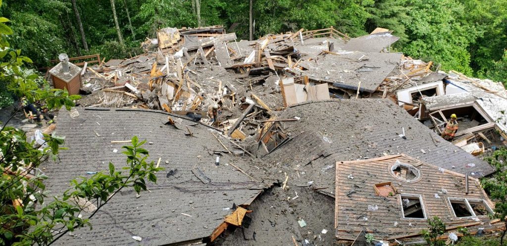 House collapse in Watauga County North Carolina, USA, after heavy rainfall from Storm Alberto, May 2018.