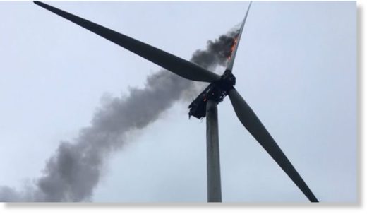 The turbine fire was reported after storms hit the Fens overnight