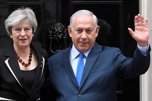 Britain's Prime Minister Theresa May welcomes Israel's Prime Minister Benjamin Netanyahu outside 10 Downing Street in London in November 2017