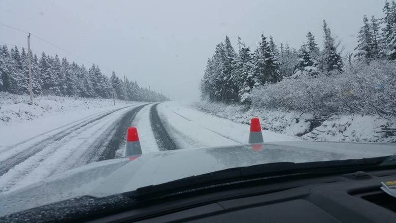 Snow on the road near Cheticamp.