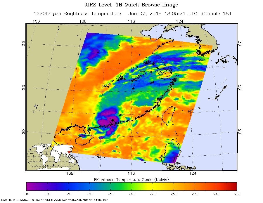 Click to enlarge NASA’s Aqua satellite passed over Tropical Depression Ewiniar on June 7 at 2:05 p.m. EDT (1805 UTC) and saw coldest cloud top temperatures (purple) around the center of circulation in a small area on the southeastern China coast.