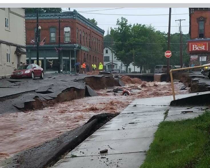 Flash floods destroy streets in Lake Linden, Michigan
