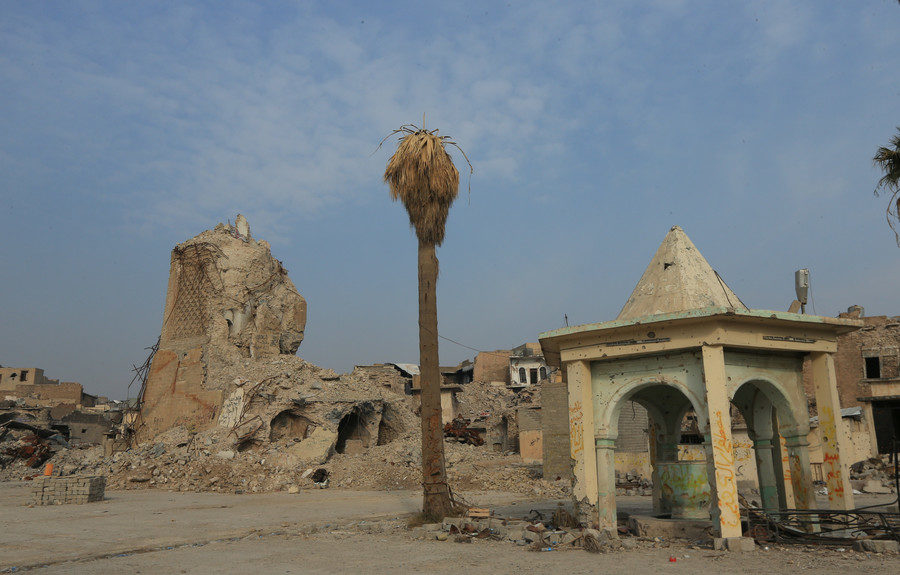 The destroyed Grand al-Nuri Mosque is seen in the Old City of Mosul on January 17, 2018