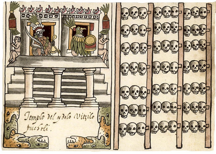Click to enlarge A codex written after the conquest by a Spanish priest depicts Tenochtitlan's enormous skull rack, or tzompantli. 1587 AZTEC MANUSCRIPT, THE CODEX TOVAR