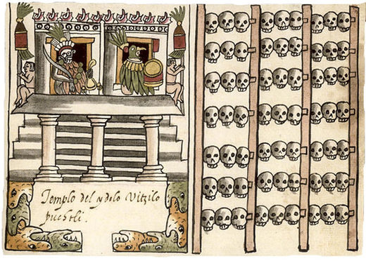 Click to enlarge A codex written after the conquest by a Spanish priest depicts Tenochtitlan's enormous skull rack, or tzompantli. 1587 AZTEC MANUSCRIPT, THE CODEX TOVAR
