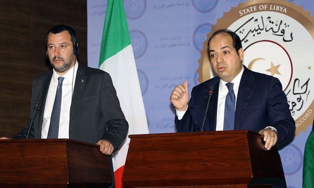 The Italian interior minister Matteo Salvini, with the Libyan deputy prime minister Ahmed Maiteeq