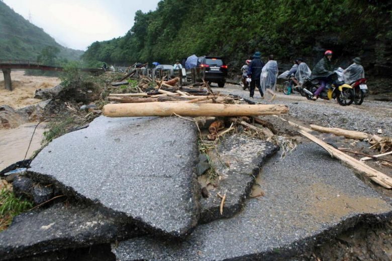 A flood-damaged road in Lai Chau province, Vietnam, on June 24, 2018.