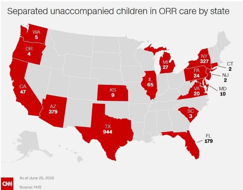 Click to enlarge separated migrant children by state