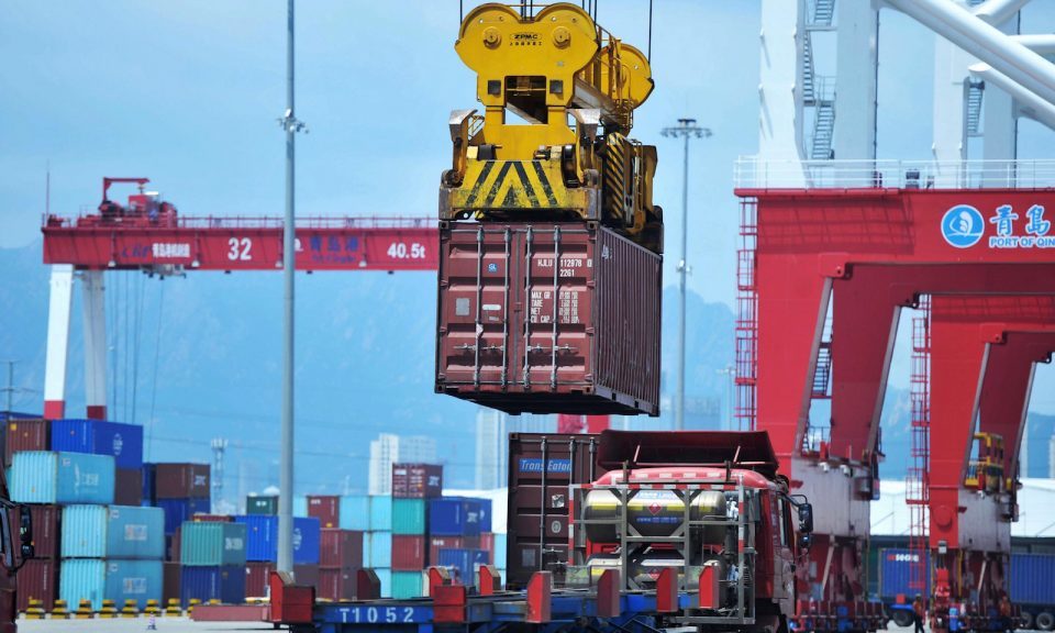 Click to enlarge container is transferred at a port in Qingdao