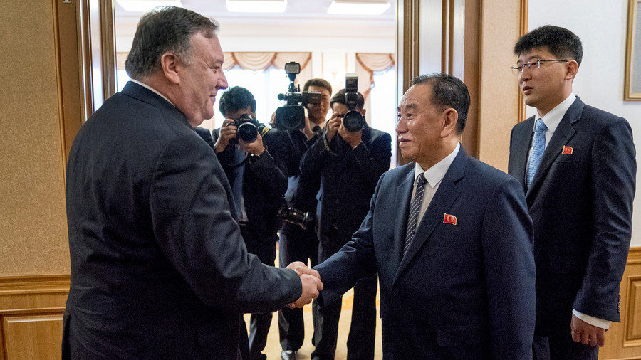 Click to enlarge Secretary of State Mike Pompeo meets with Kim Yong Chol, a North Korean senior ruling party official. July 7, 2018