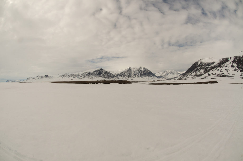 On 27 June 2018, the Zackenberg valley was still completely covered with ca. 1 meter deep snow. The vicinity of the research station visible in the middle of the photo was the only area freed of snow.