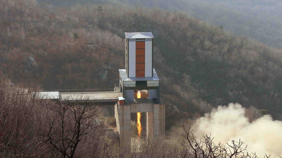 Click to enlarge A new engine for an ICBM is tested at a test site at Sohae Space Center in North Korea