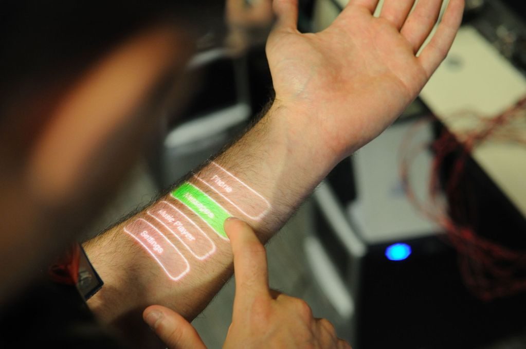 Click to enlarge ‘Skinput’ system that allows the skin to be used like a touchscreen.