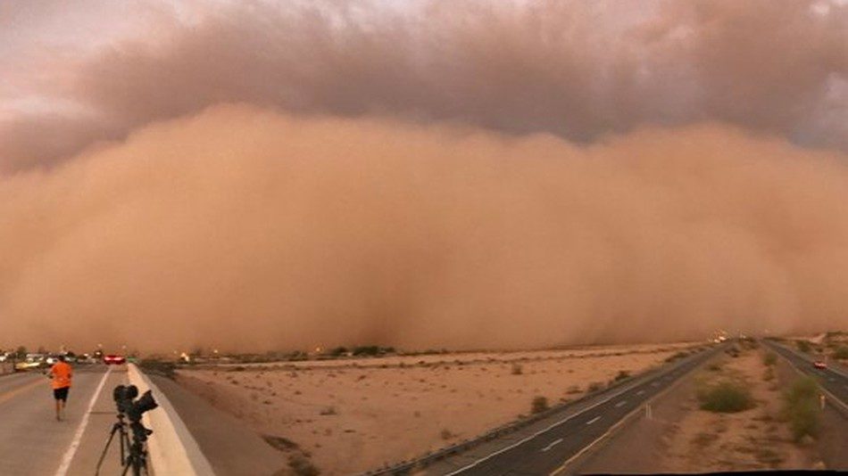 A fast moving haboob approaches storm chasers in Arizona