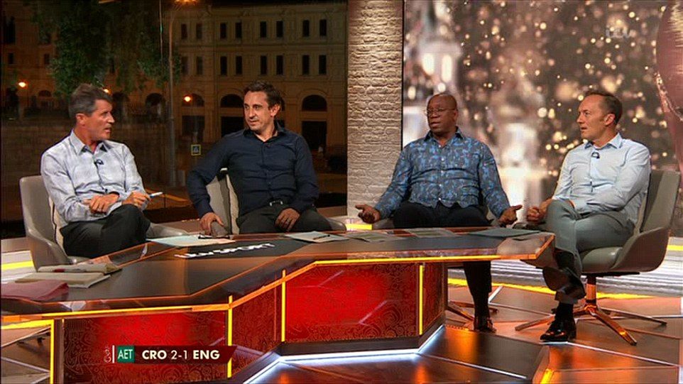 Roy Keane, far left, and Ian Wright, second right, were embroiled in an astonishing row during the aftermath of England's semi final defeat to Croatia
