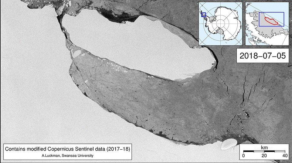 Click to enlarge Scientists tracking a massive iceberg that broke free from Antarctica’s Larsen C Ice Shelf last year say dense sea-ice cover has so far prevented it from drifting far out to sea.