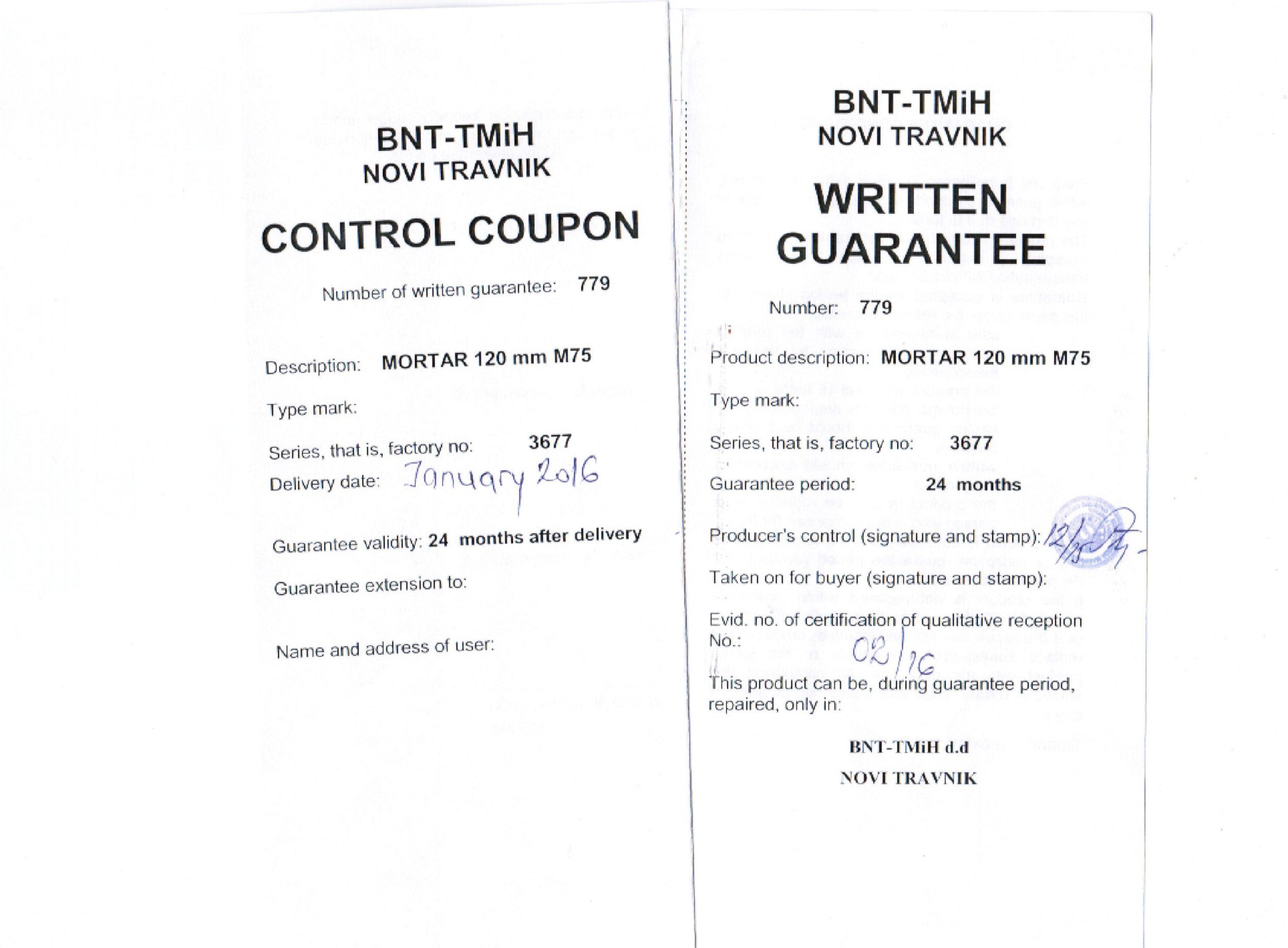 Click to enlarge A weapons guarantee paper signed by Krnjic in February 2016, found in the basement of a ‘Nusrah’ office in eastern Aleppo