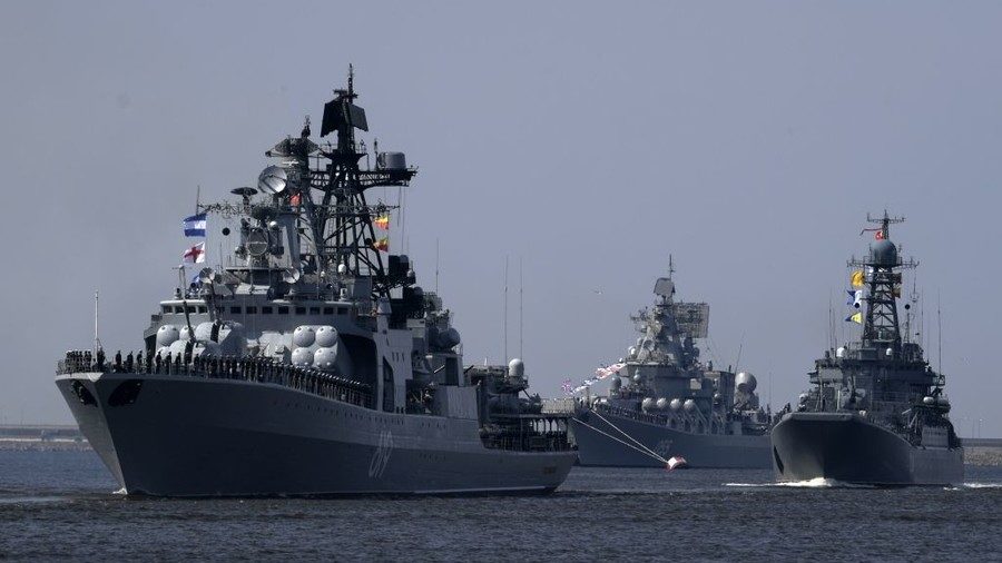 Click to enlarge Russian warships train in St Petersburg ahead of the Main Navy Day Parade.