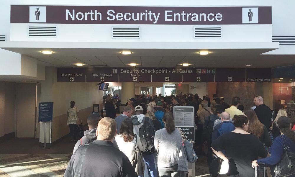 Lines of people waiting for TSA screening
