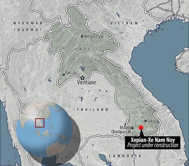 Click to enlarge The Xepian-Xe Nam Noy dam project in southeastern Laos has collapsed, displacing hundreds of people in the region.