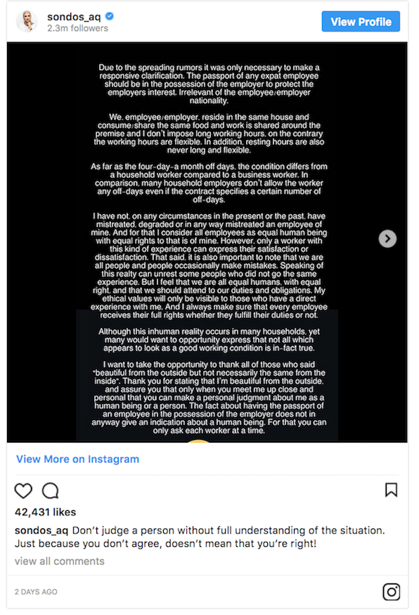Click to enlarge Sondos Alqattan apology instagram