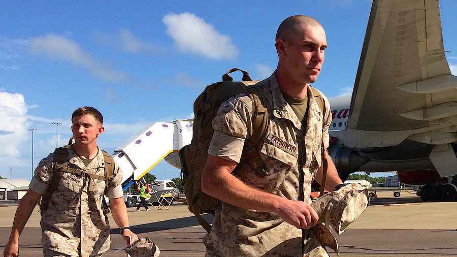 Click to enlarge U.S. Marines arrive on deployment at Darwin, 2017.