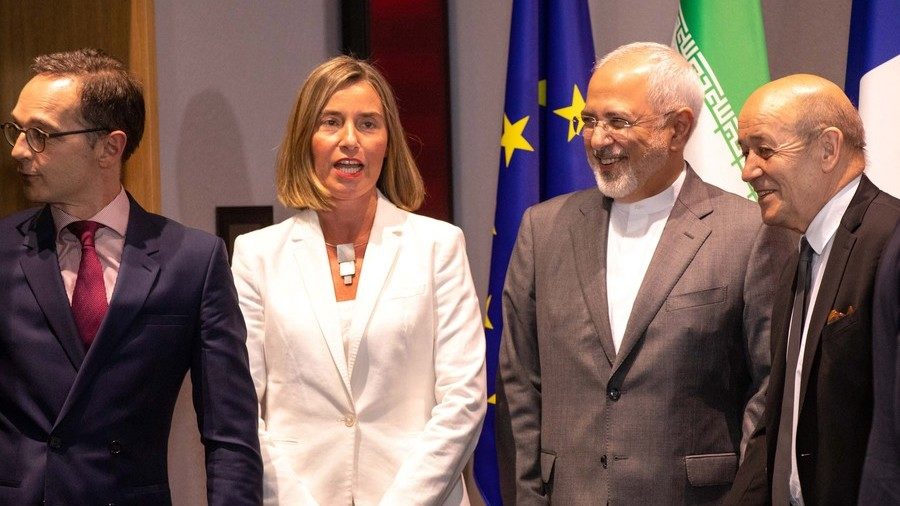 German FM Heiko Maas, French FM Jean-Yves Le Drian, EU Foreign Affairs chief Federica Mogherini and Iran's FM Mohammad Javad Zarif