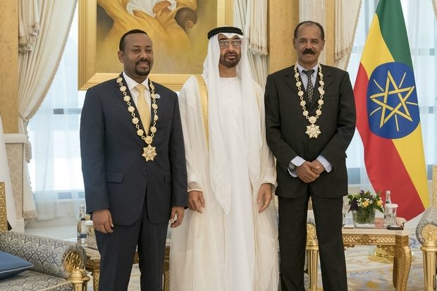 Bin Zayed (C) met with Ahmed (L) and Eritrean President Isaias Afwerki last week