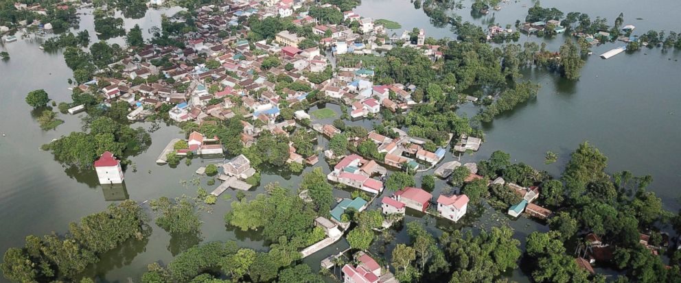 An aerial view of flooded village in Chuong My district, Hanoi, Vietnam on Tuesday, July 31, 2018.