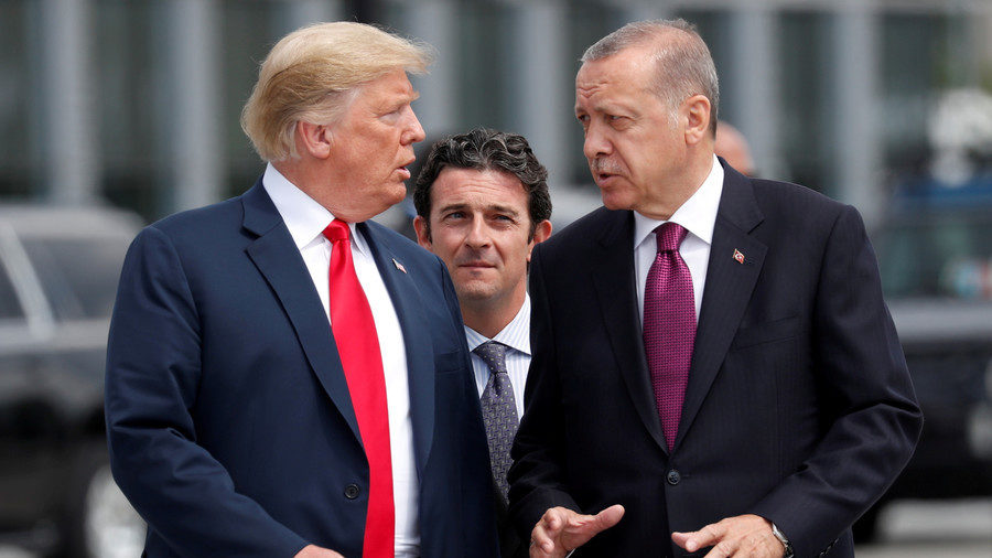 Click to enlarge US President Donald Trump and Turkish President Tayyip Erdogan at a NATO summit in Brussels.
