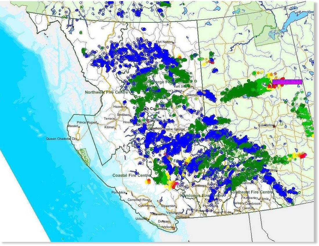 Lightning strikes ignite 132 more wildfires in British Columbia Total
