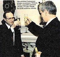 Click to enlarge Defense ministers celebrating the joint outcome of the biggest ethnic cleansing in Europe since WWII- Left: US William Perry, Right: CRO Gojkos Susak…